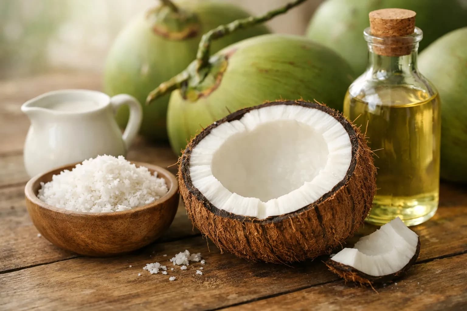 Fresh coconuts and coconut products used in Sri Lankan cooking including milk, grated coconut and oil