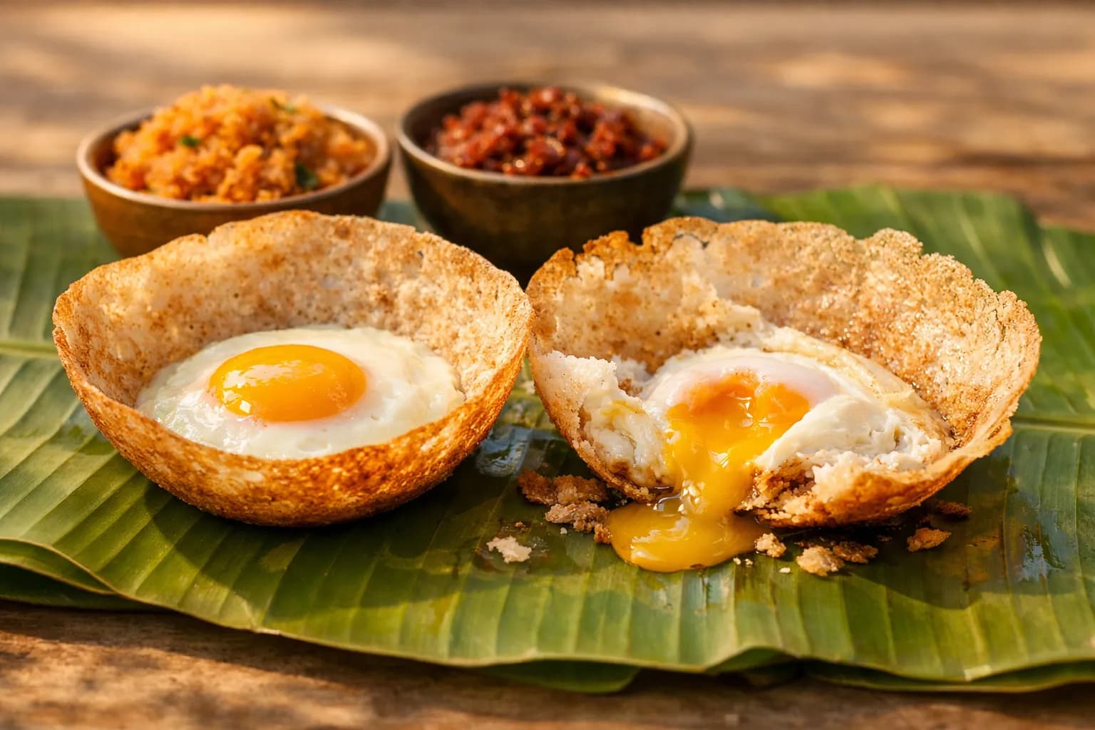 Freshly cooked hoppers with egg and pol sambol on a plate