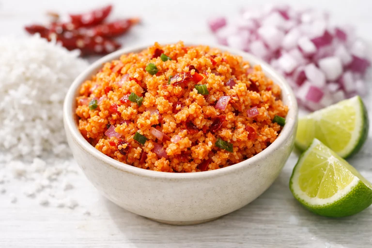 Fresh pol sambol made with grated coconut, chili, lime and onion