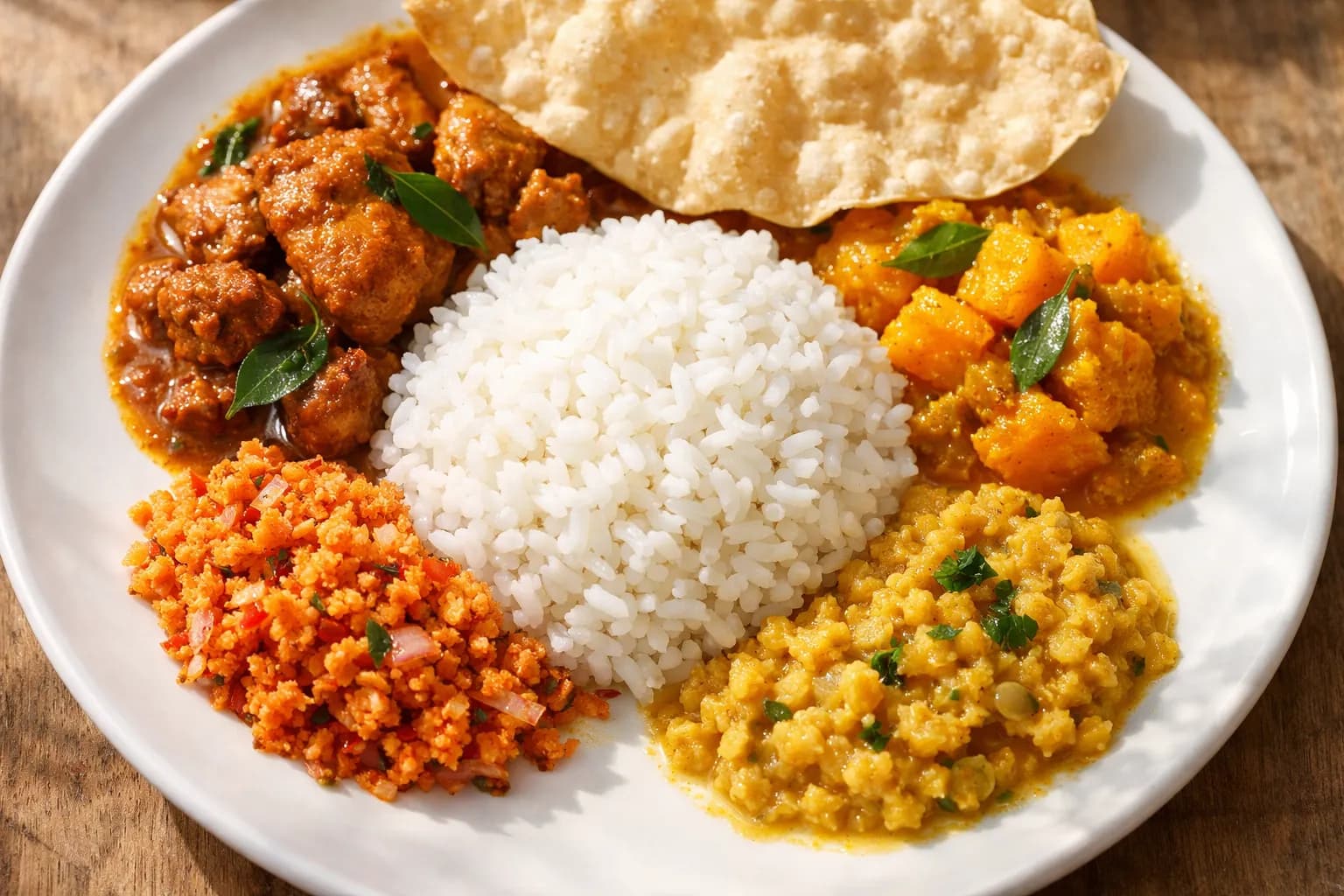 Traditional Sri Lankan rice and curry plate with multiple vegetable curries, dhal, sambols and rice