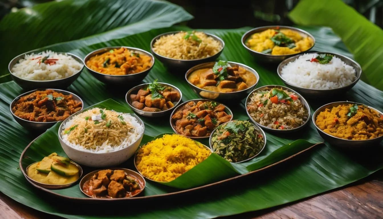 Sri Lankan curry feast with multiple dishes in bowls on banana leaf by Taste of Pearl